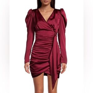Red/Burgundy Lavish Alice Long Sleeve Satin Wrap Mini Dress US Size 4
